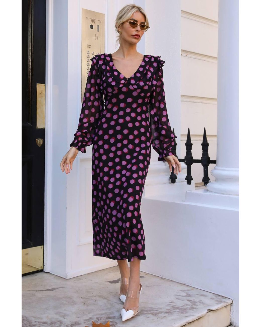 Jolie Moi Blue Ruffle V Neck Long Sleeve Mesh Maxi Dress