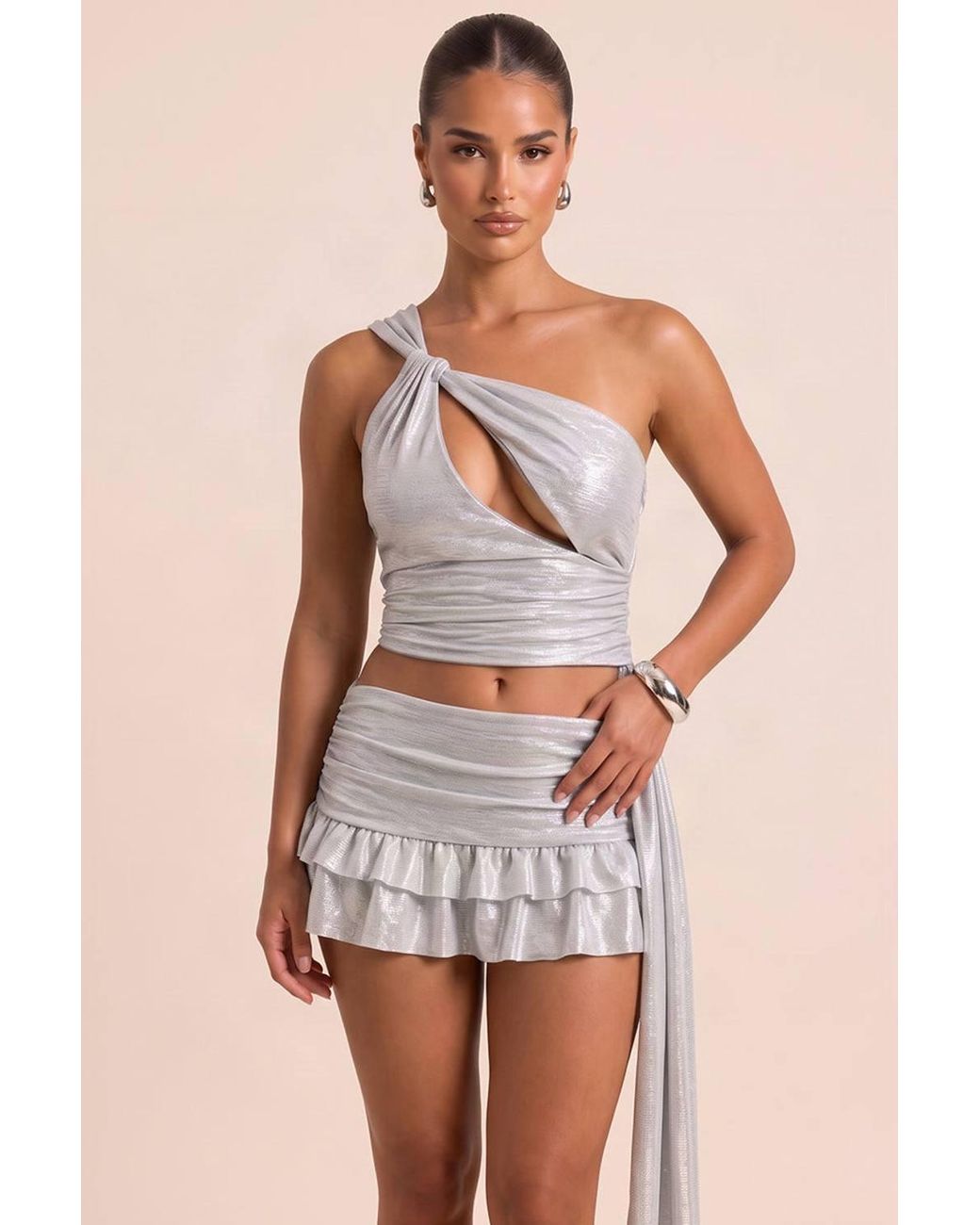 Rebellious Fashion Natural Jada Metallic Asymmetric Draped Ruffle Skirt Co-Ord Set