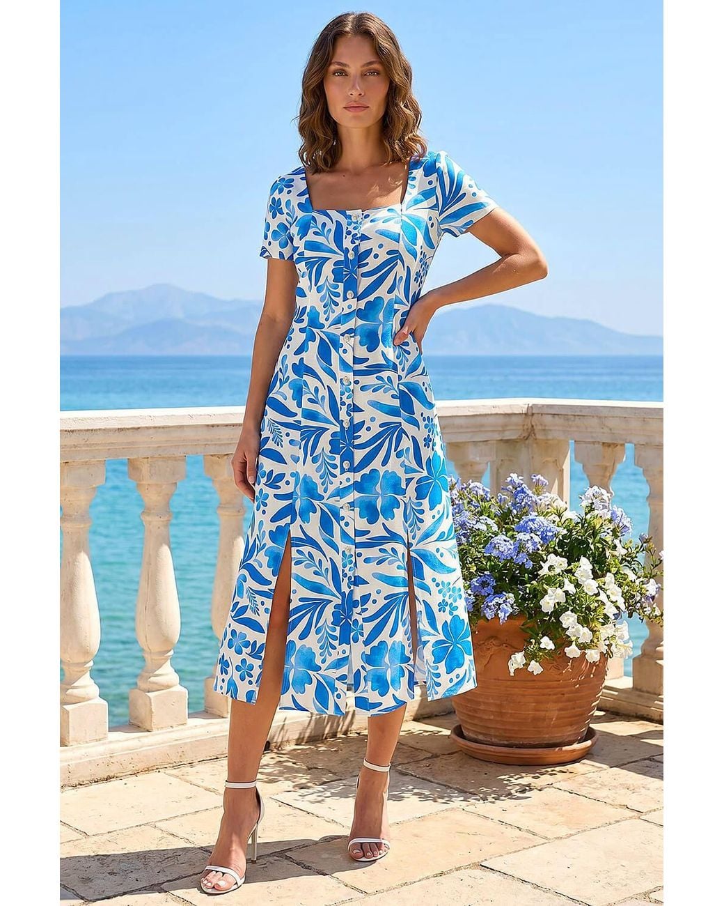 Roman Blue Petite Floral Button Front Midi Dress