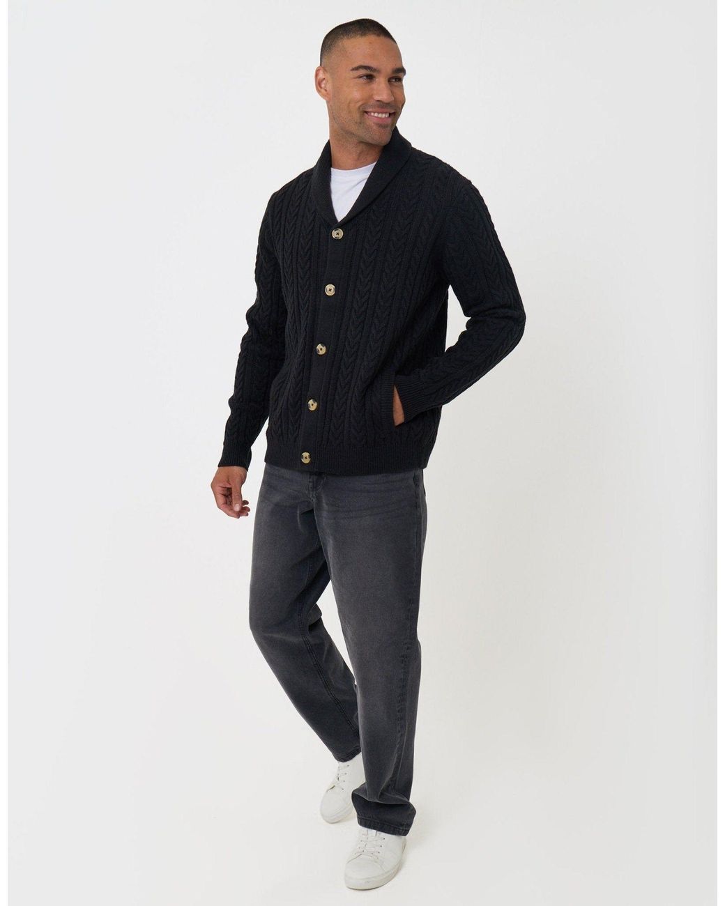 Threadbare Blue Cable Knit Shawl Cardigan for men