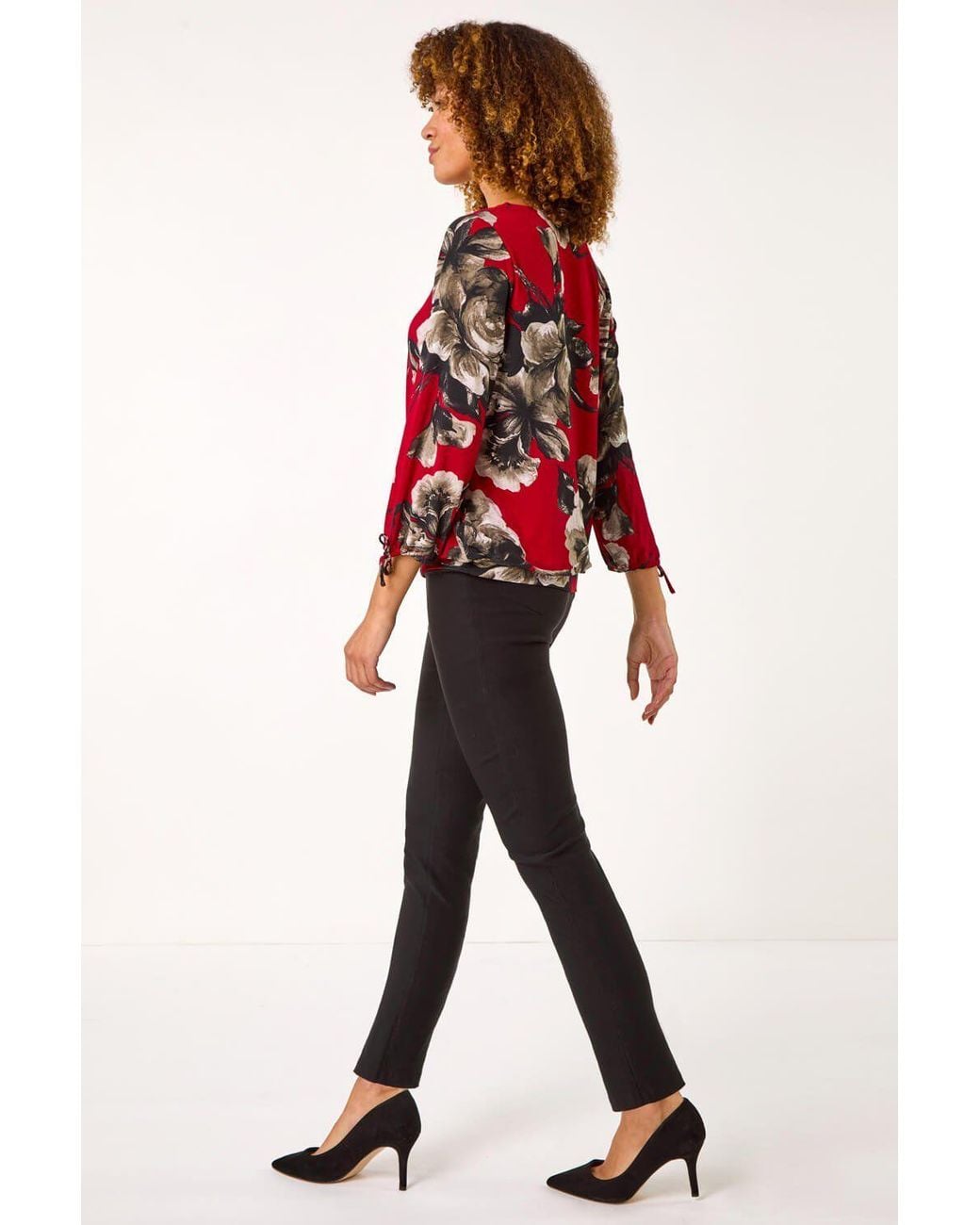 Roman Red V-Neck Floral Print Tie Sleeve Top