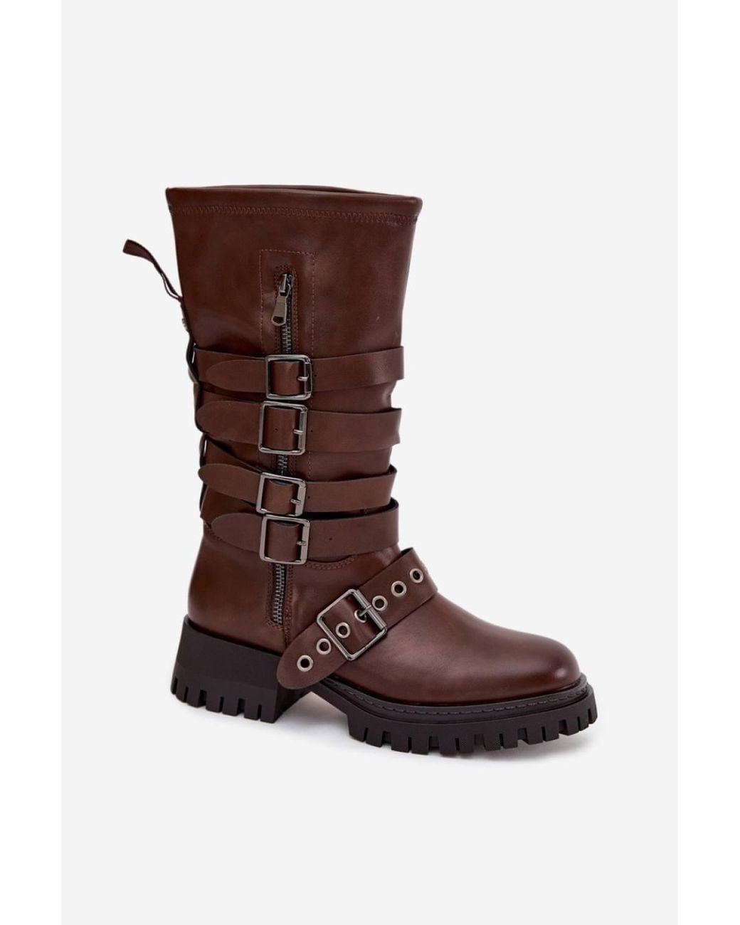 Love Lace Brown Mid Calf Slip On Block Heel Boots With Buckle Straps Zipper