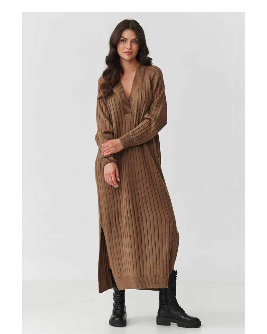 Love Lace Brown Knitted V-Neck Long Sleeve Jumper Dress