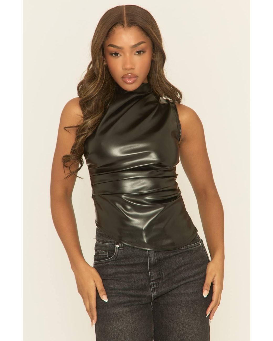 Rebellious Fashion Black Faux Leather Ruched Top