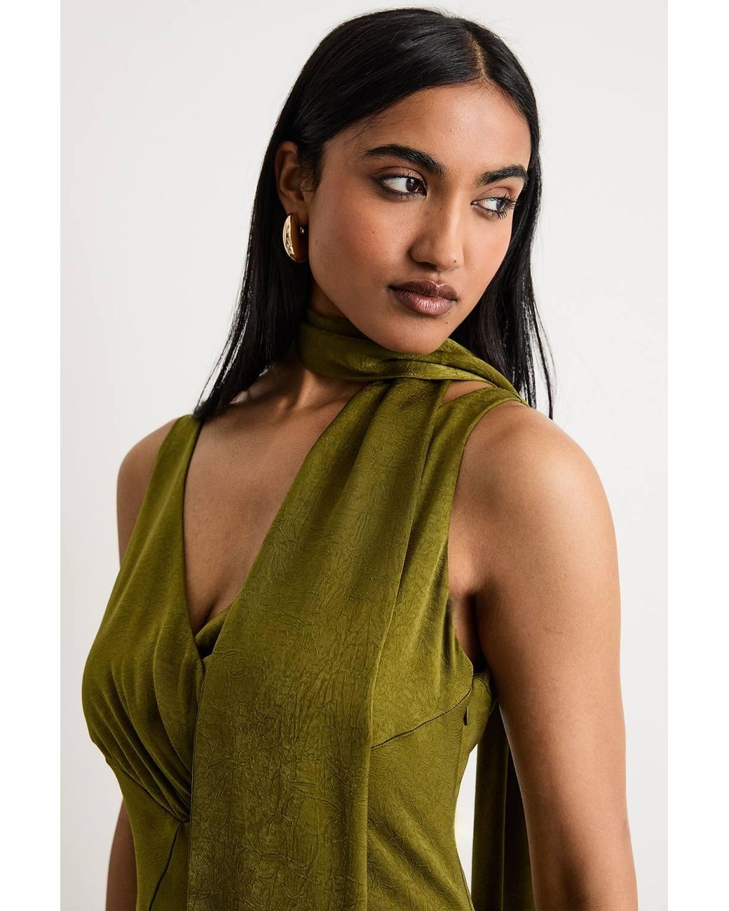 Warehouse Green Plain Scarf Detail Tie Neck Maxi Dress
