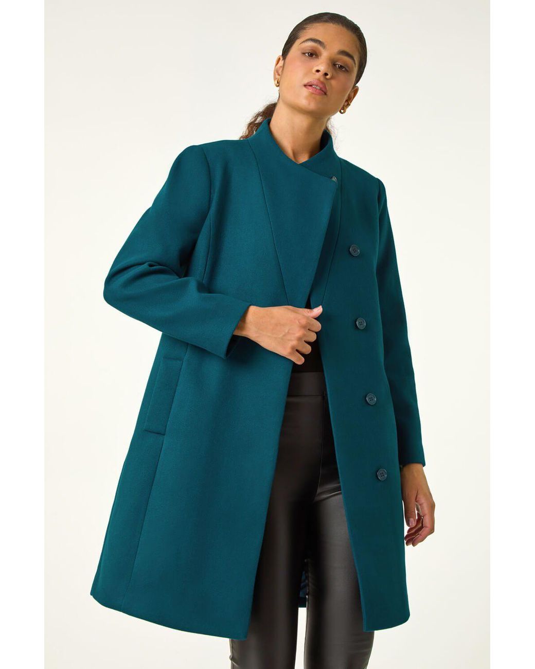 Roman Blue Tailored Funnel Neck Pocket Detail Coat