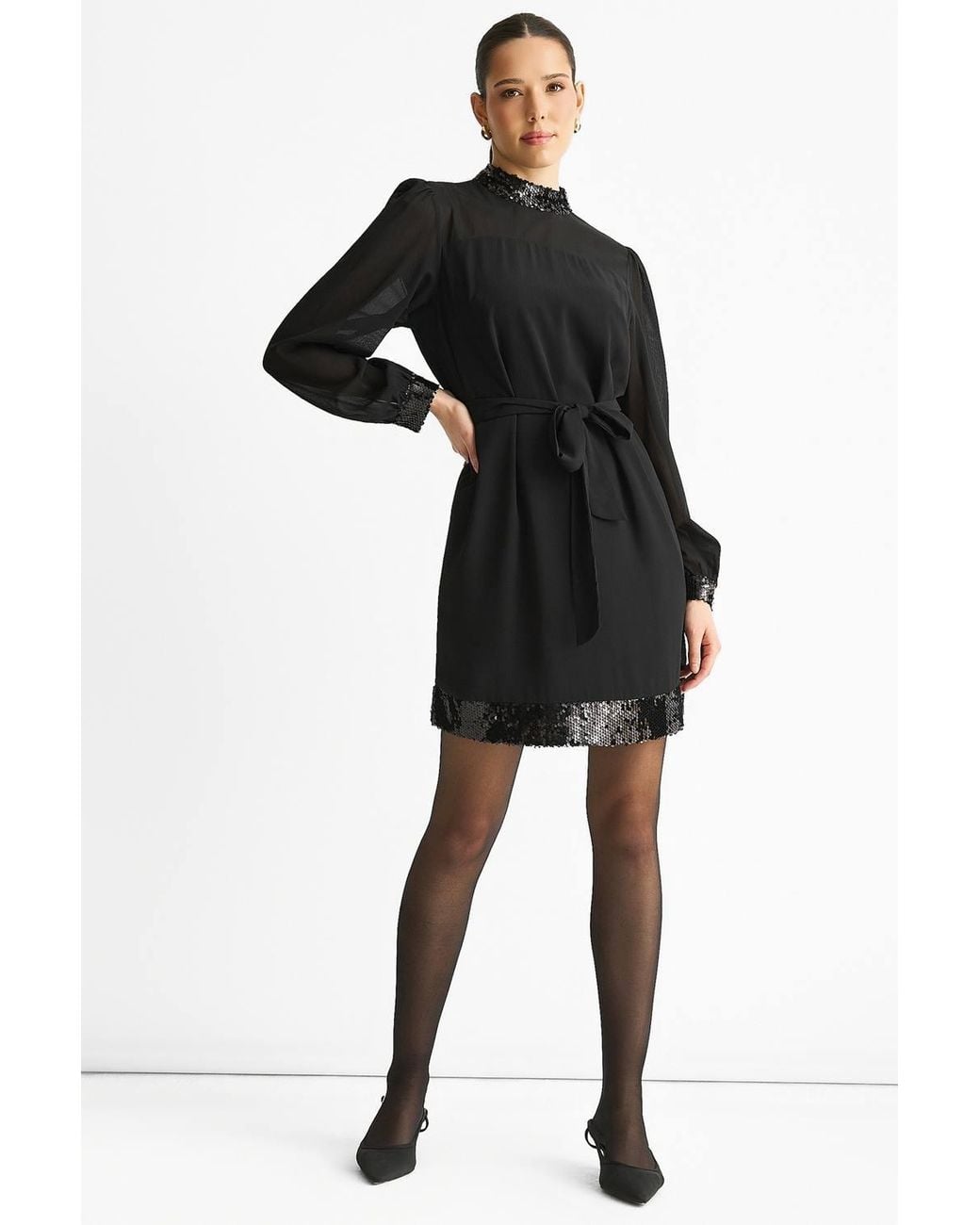 Gini London Black Sequin Trim High Neck Belted Mini Dress
