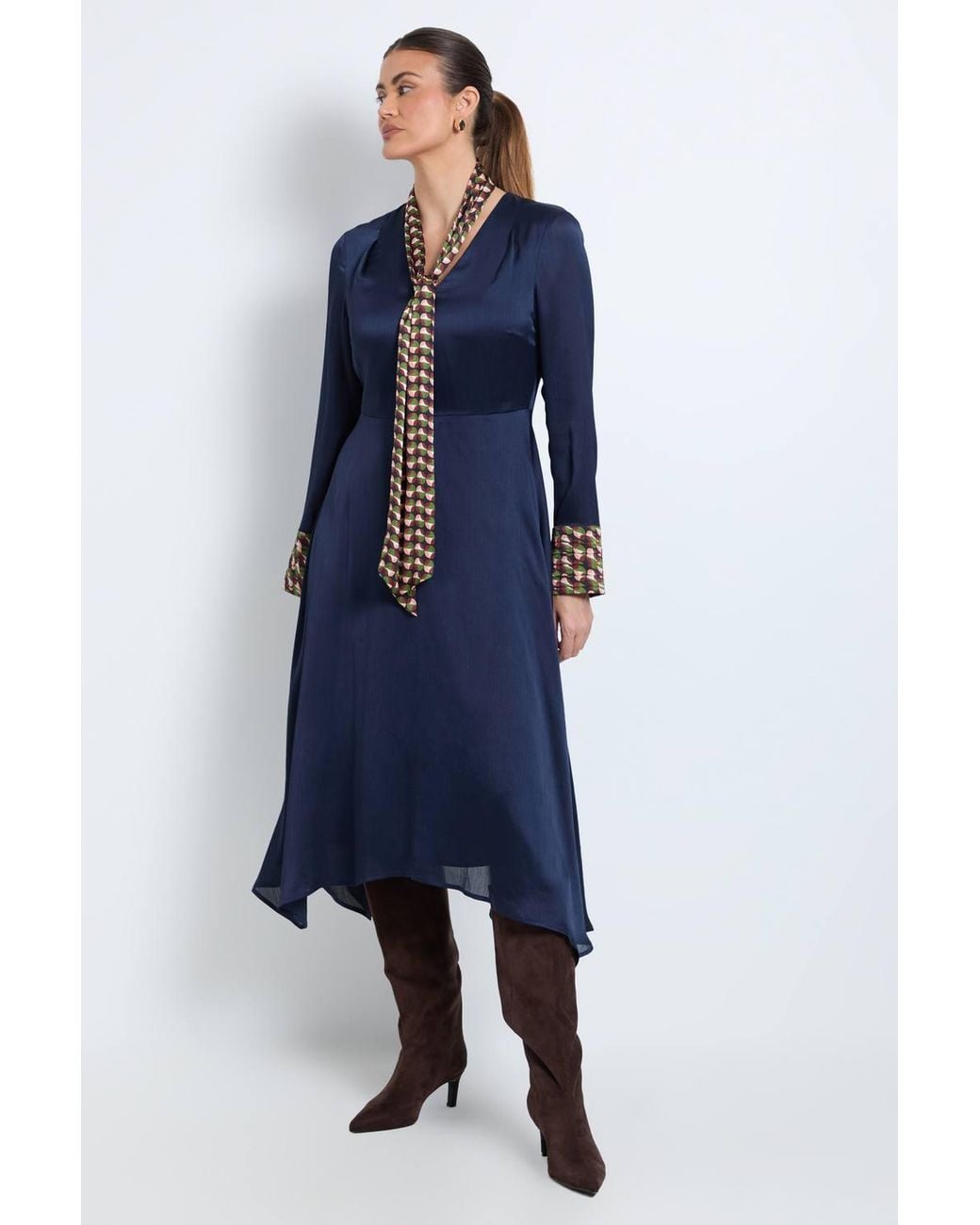 Wallis Blue Geo Satin Tie Neck Midi Dress