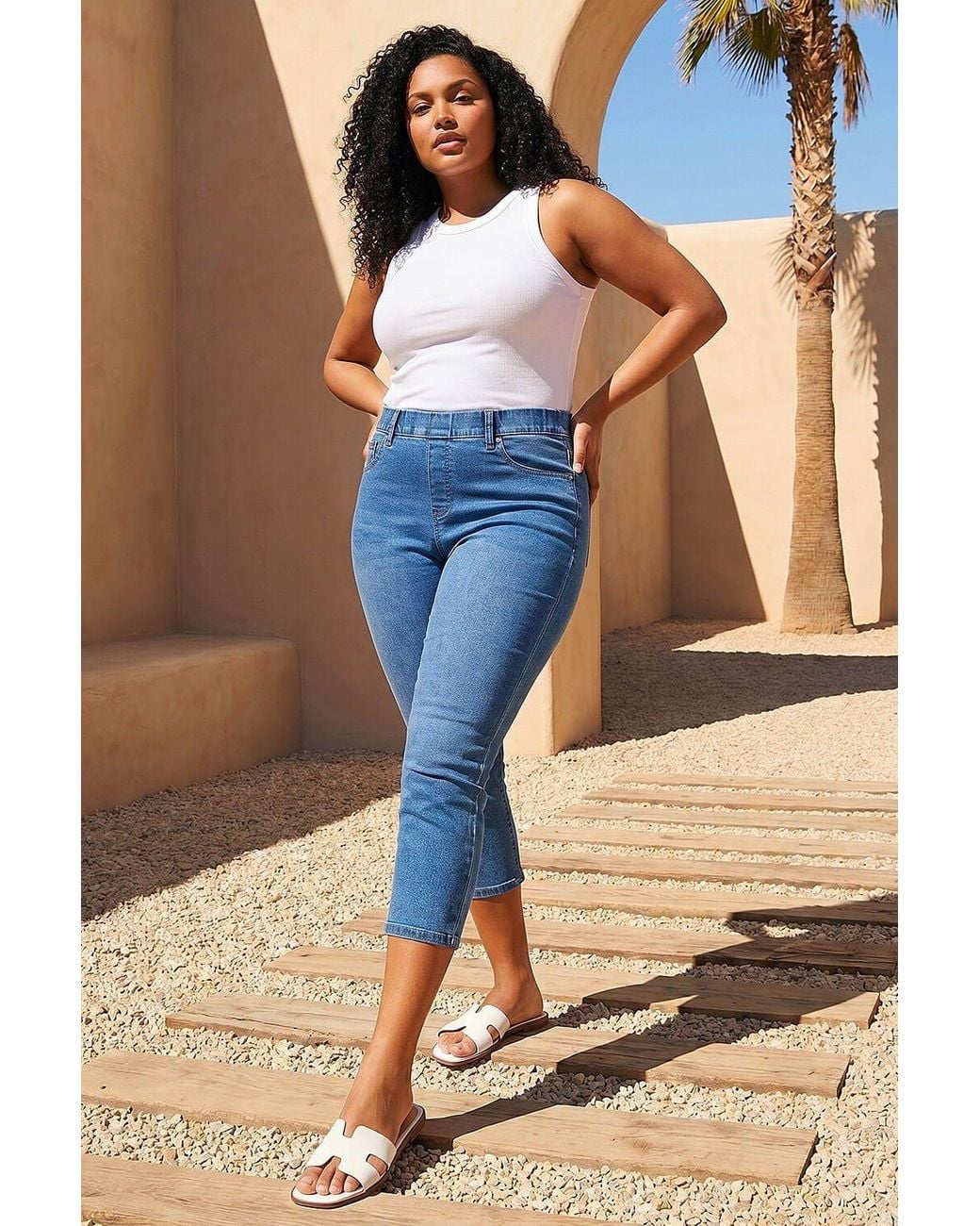 Roman Blue Curve Elastic Waist Cropped Denim Jeggings