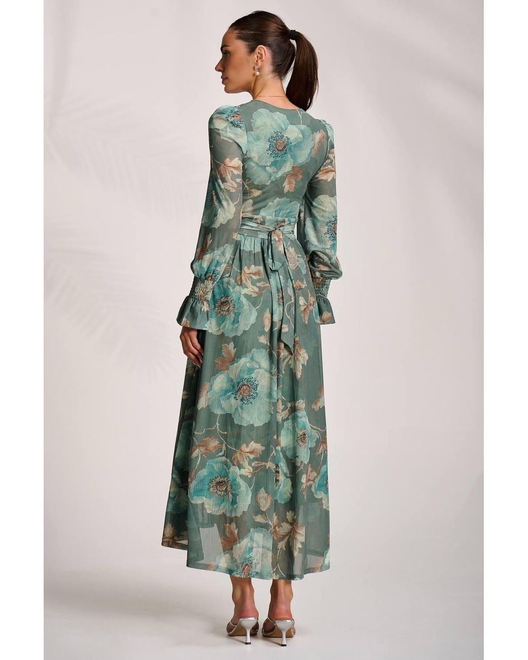Jolie Moi Green Long Sleeve V Neck Mesh Maxi Dress