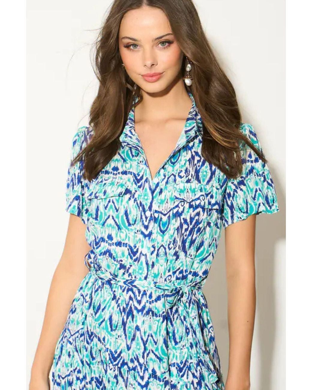 SARTA Blue Aztec Print Midi Shirt Dress