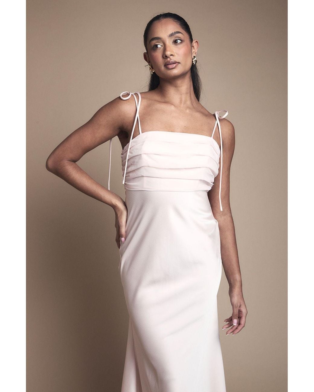Oasis Natural Satin Chiffon Mix Tie Shoulder Bridesmaid Midi Dress