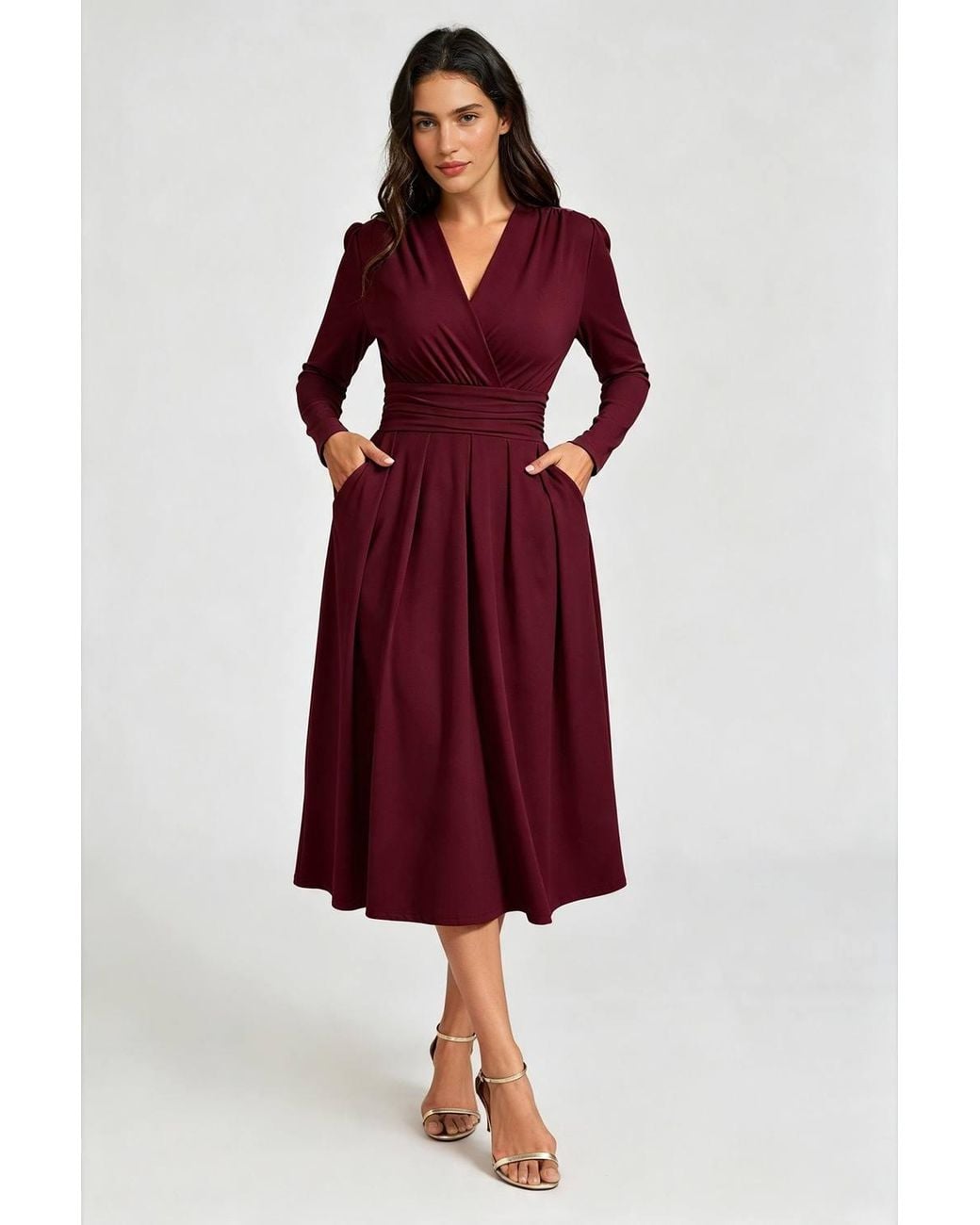 FS Collection Red Jersey Wrap Front Long Sleeve Midi Dress