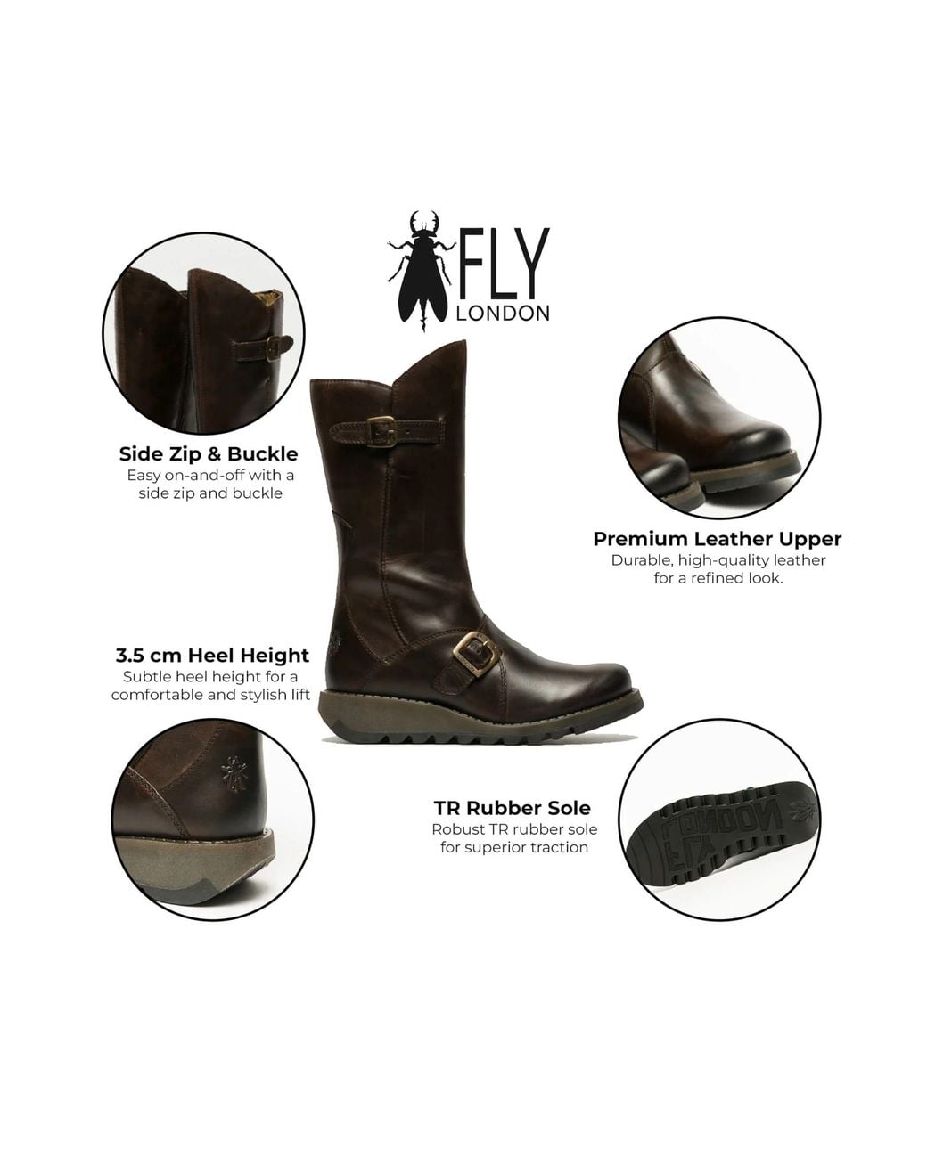 Infinity Leather Black Fly London Mes 2 Wedge Heel Buckle Mid-Calf Leather Zip Platform Boots