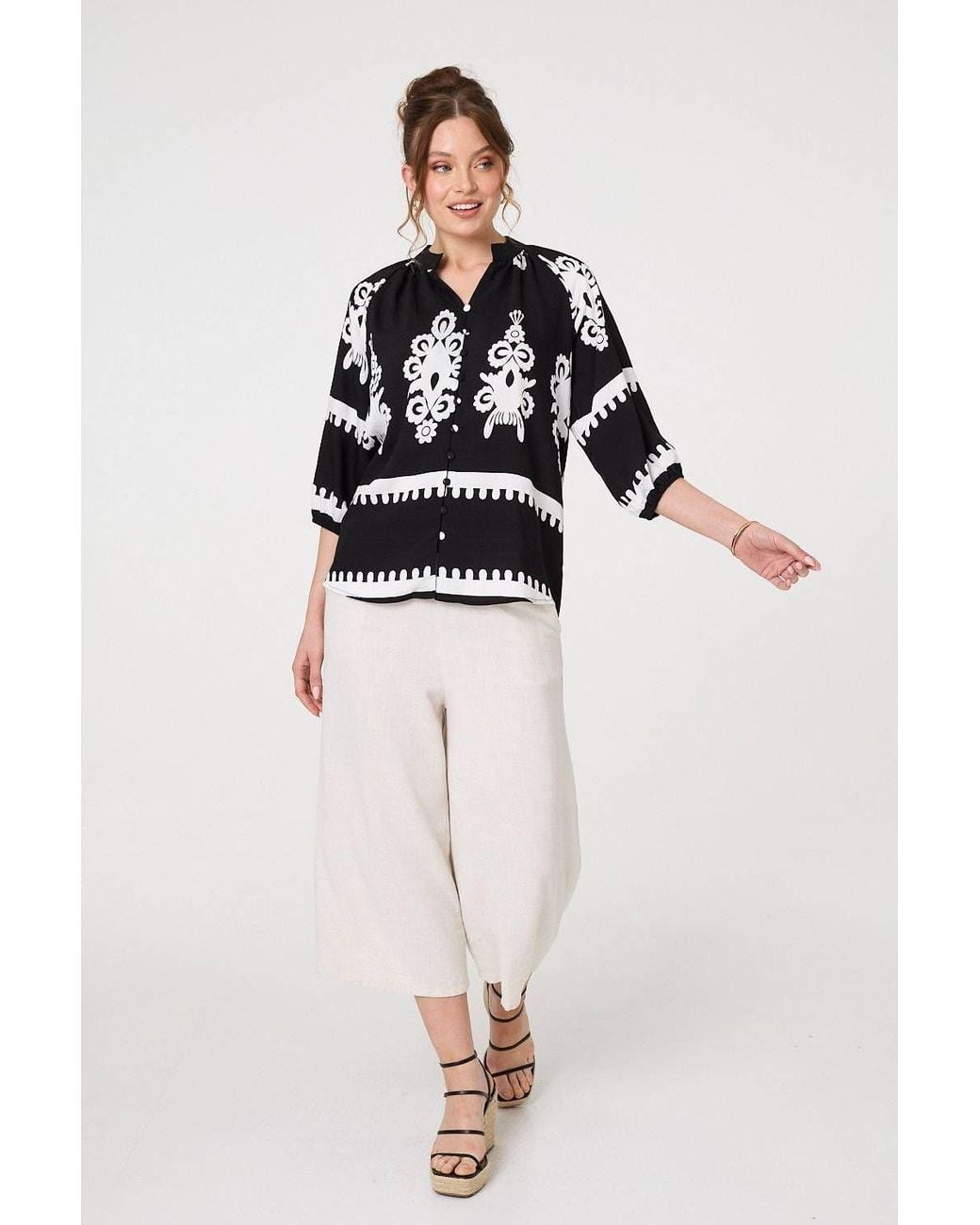 Izabel London Black Ikat Print 3/4 Sleeve Relaxed Blouse