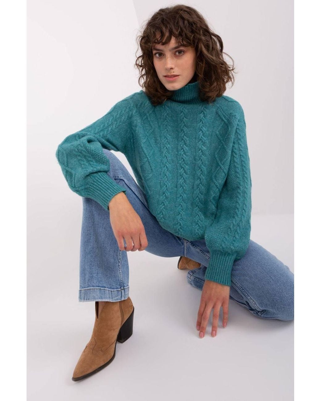 Love Lace Blue Plaid Turtleneck Acrylic Sweater Long Sleeve Style 189226