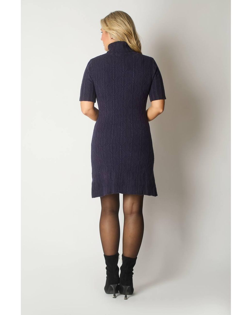 Solo Blue Knit Turtleneck Dress With Rosette Detail