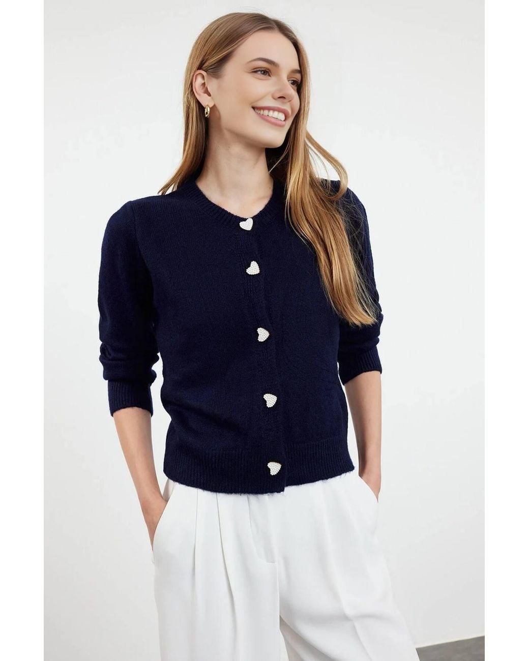 WOVCOR Blue Soft-Textured Knit Cardigan Jewelry Button Detail