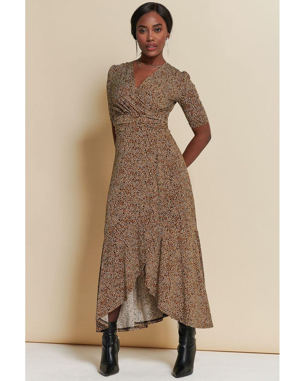 Jolie Moi Natural Print Viscose Frill Hem Maxi Dress