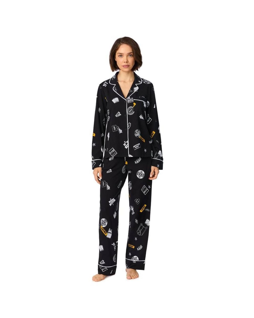 DKNY Black Long Sleeve Notch Top & Pant Sleep Set