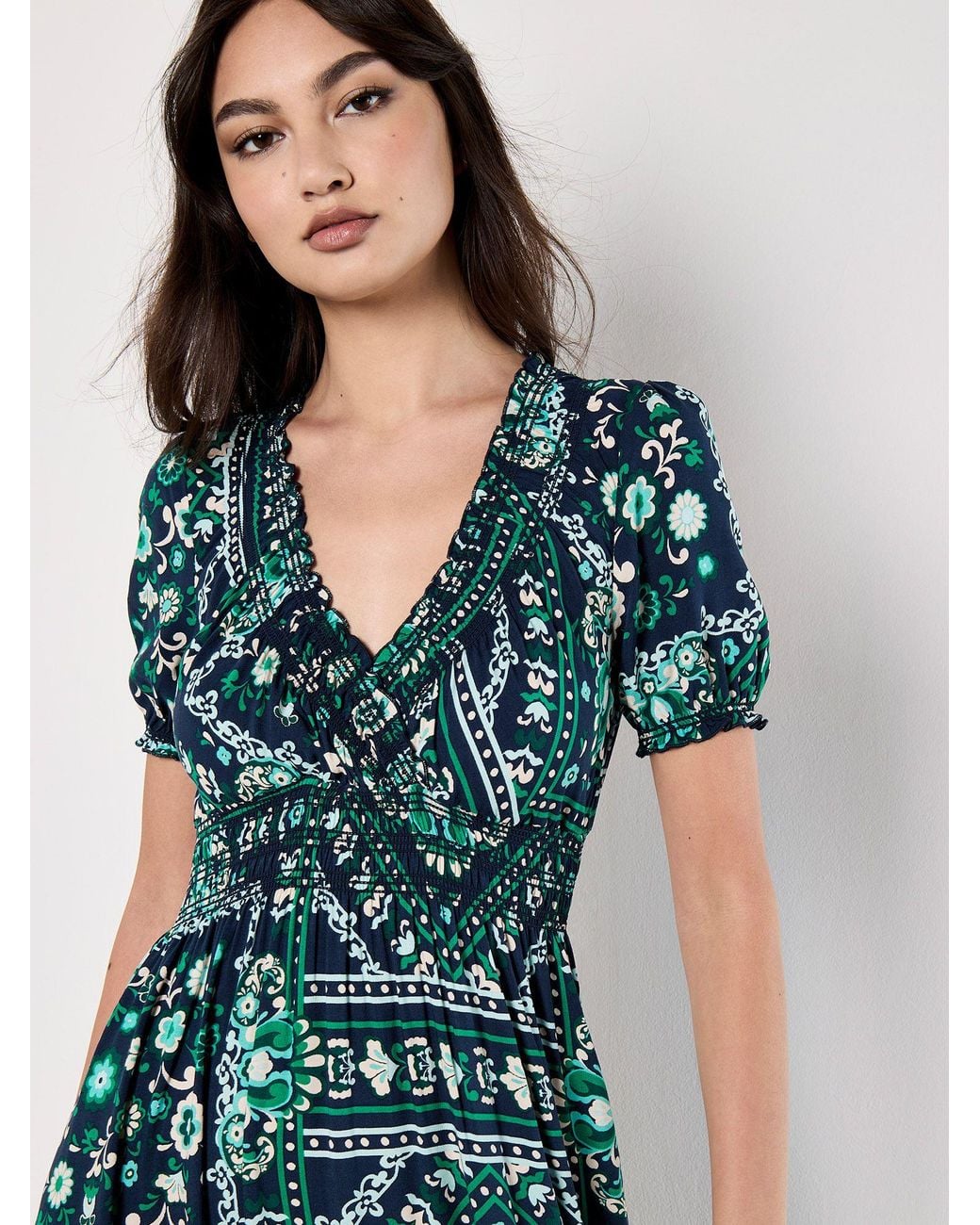 Apricot Green Scarf Print Smocked Maxi Dress