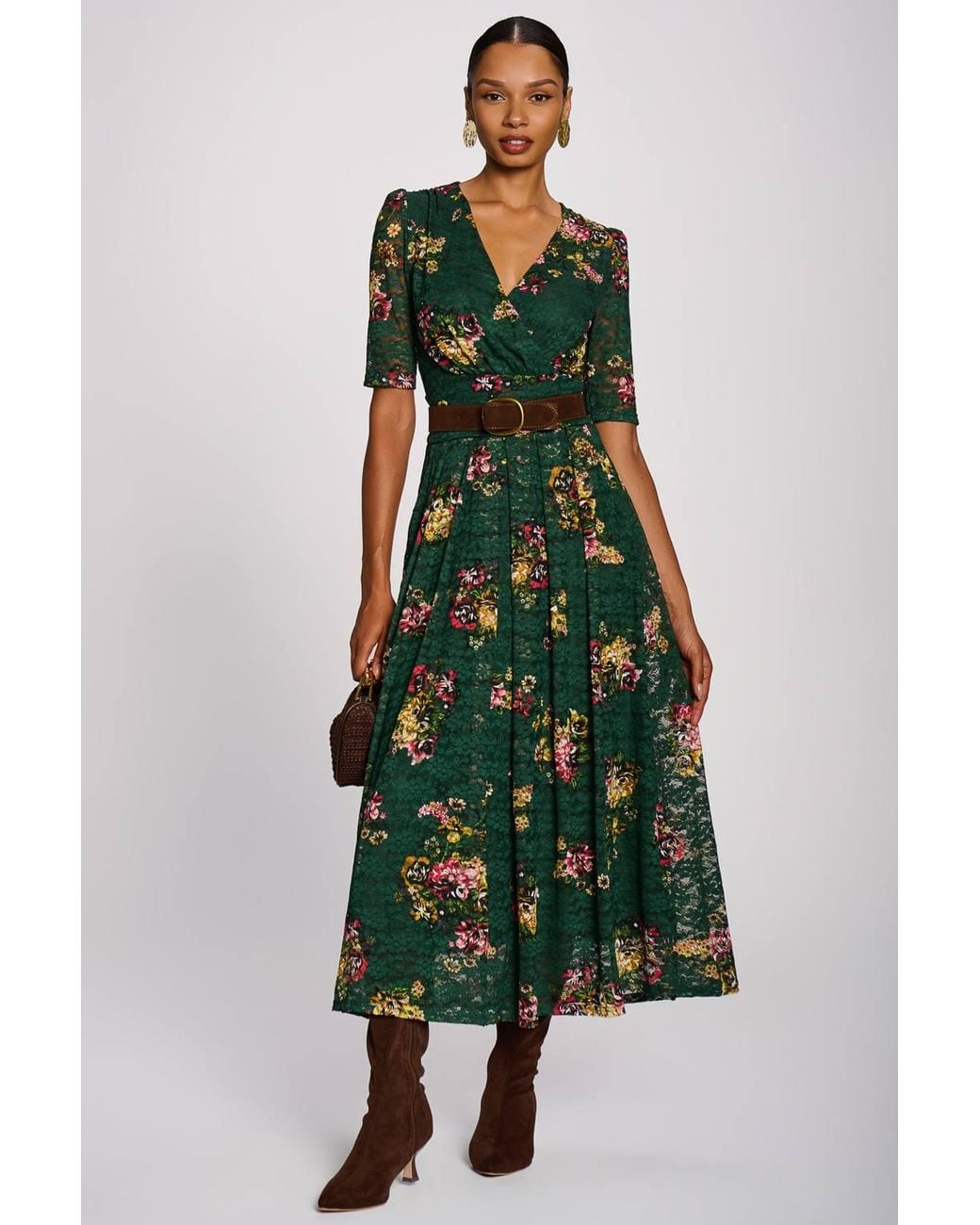 Jolie Moi Green Half Sleeve Print Lace Maxi Dress