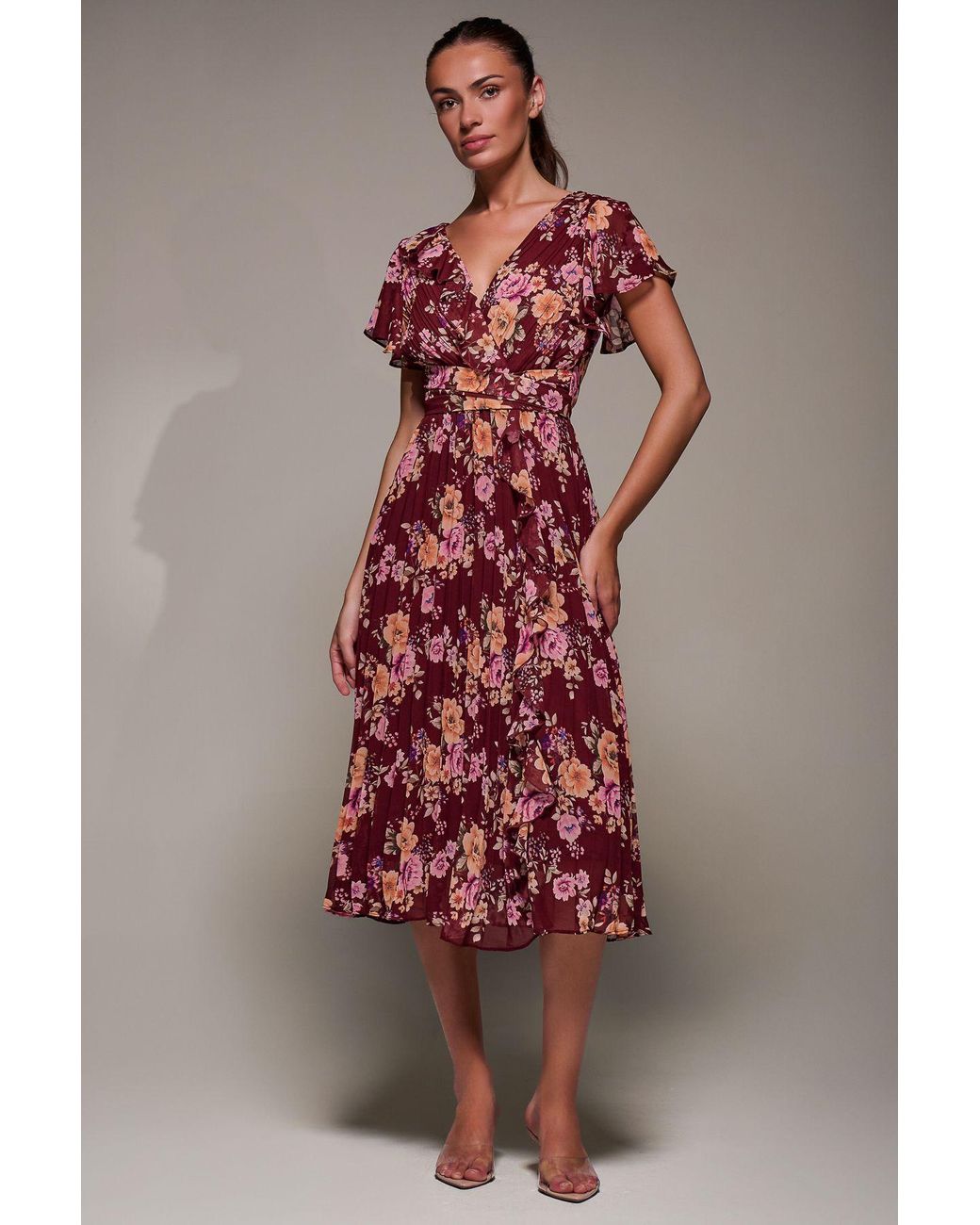 Jolie Moi Red Printed Ruffle Detail Pleated Chiffon Midi Dress