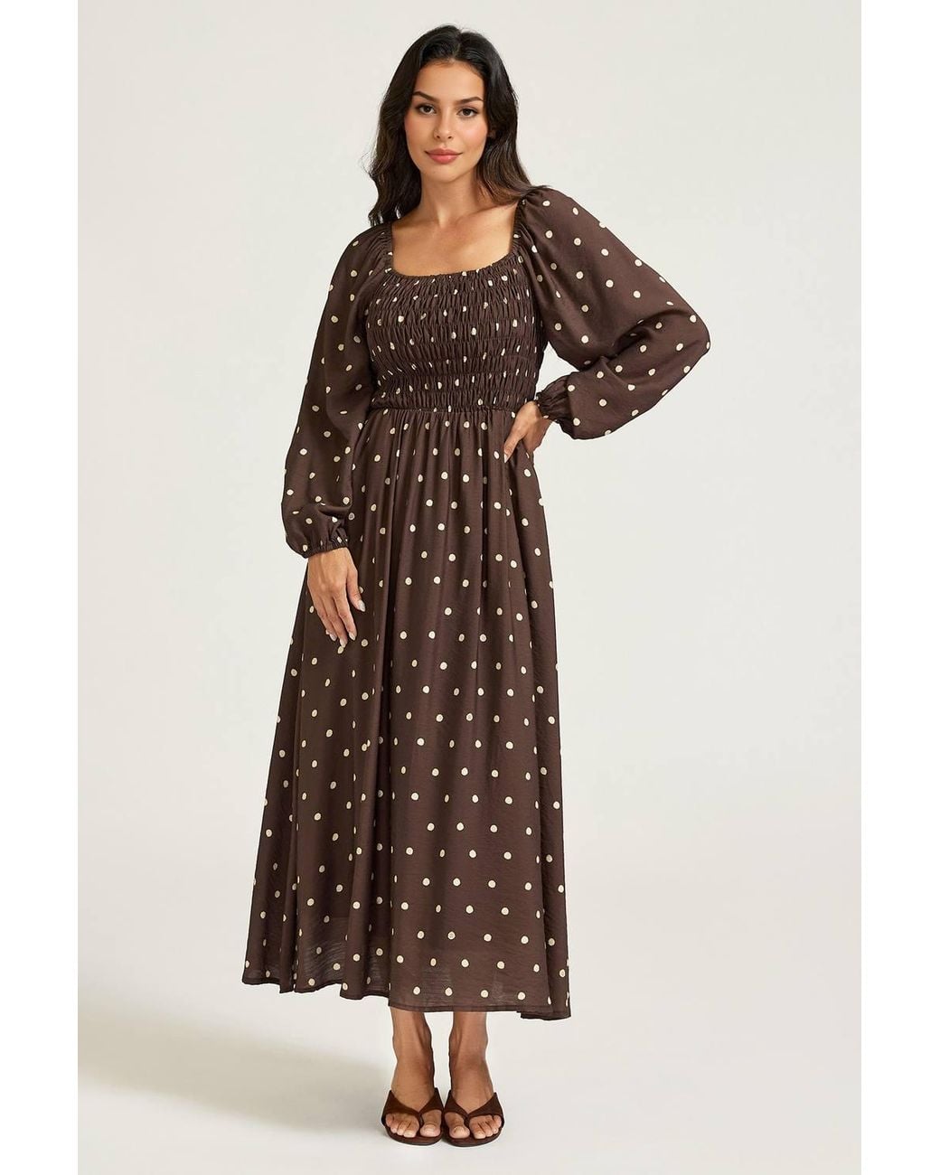 FS Collection Brown Print Square Neck Midi Dress With Long Sleeves