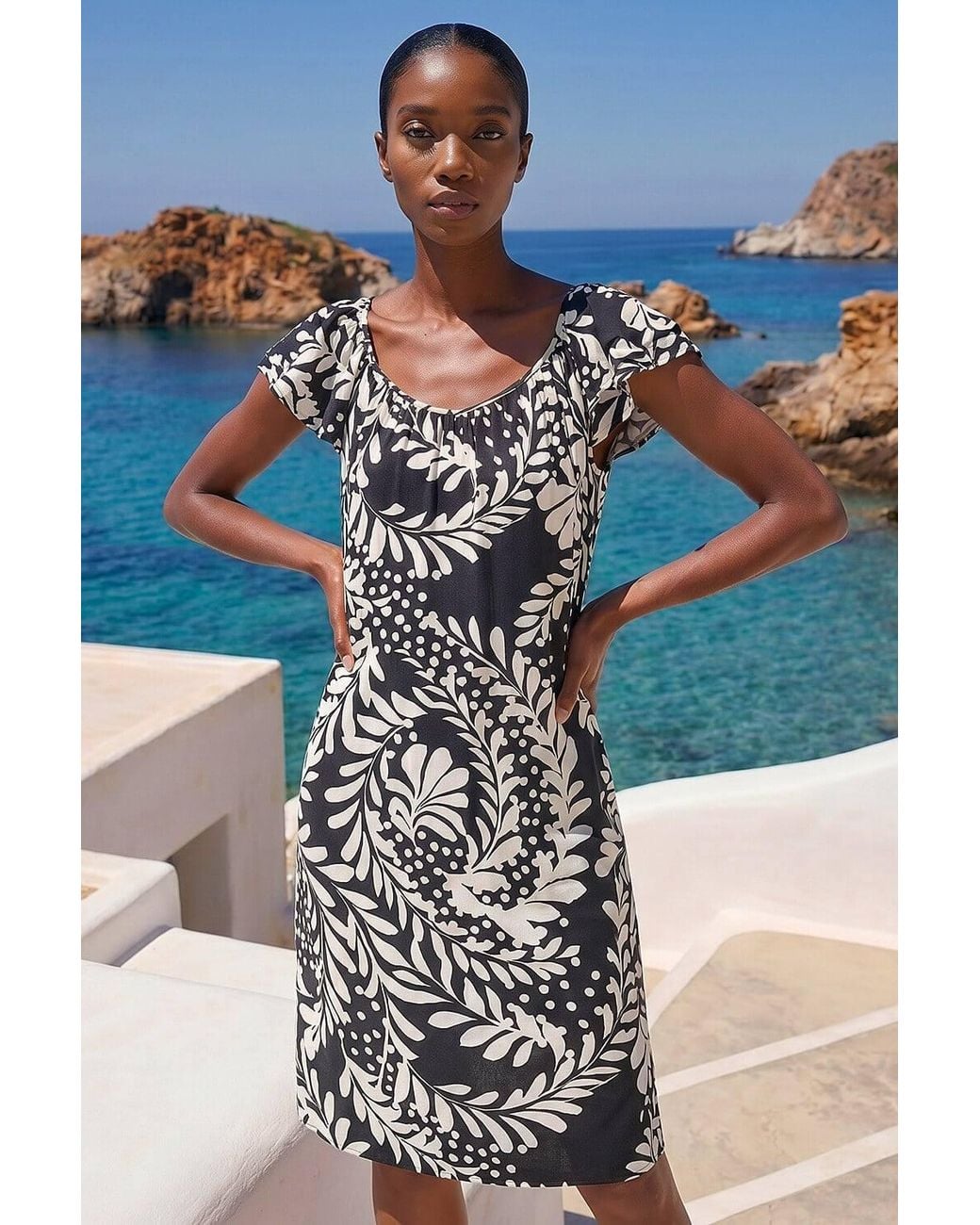 Roman Blue Petite Printed Frill Shift Dress