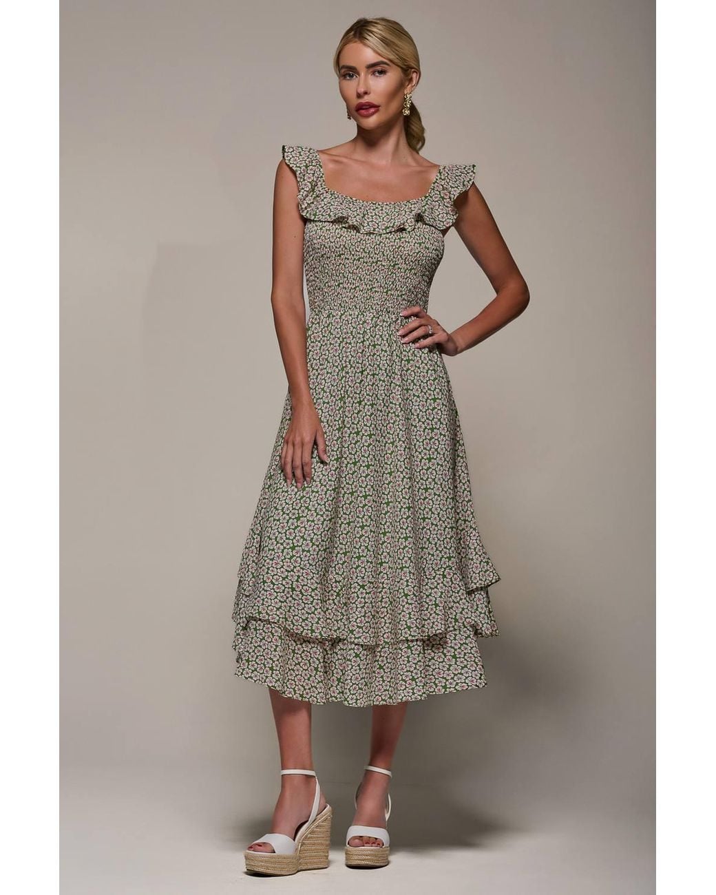 Jolie Moi Natural Shirred Ruffle Sleeve Tiered Midi Dress