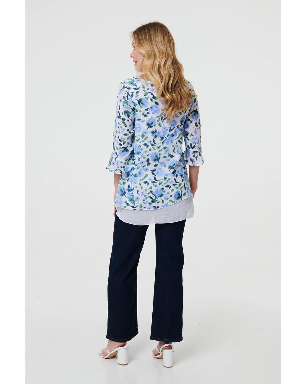Izabel London Blue Floral Layered 3/4 Sleeve Tunic Top