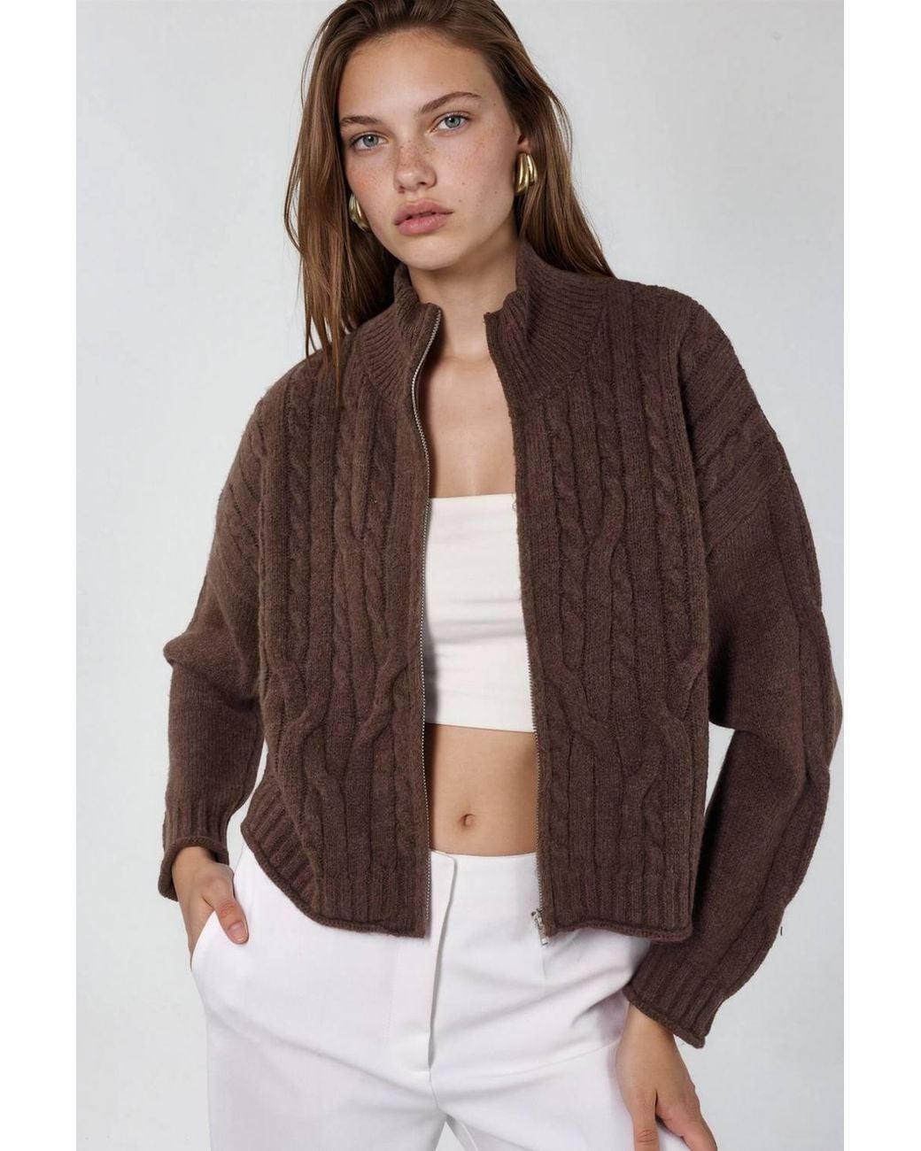 Hiccup Brown Crop Soft Touch Zip-Up Cable Knit Cardigan