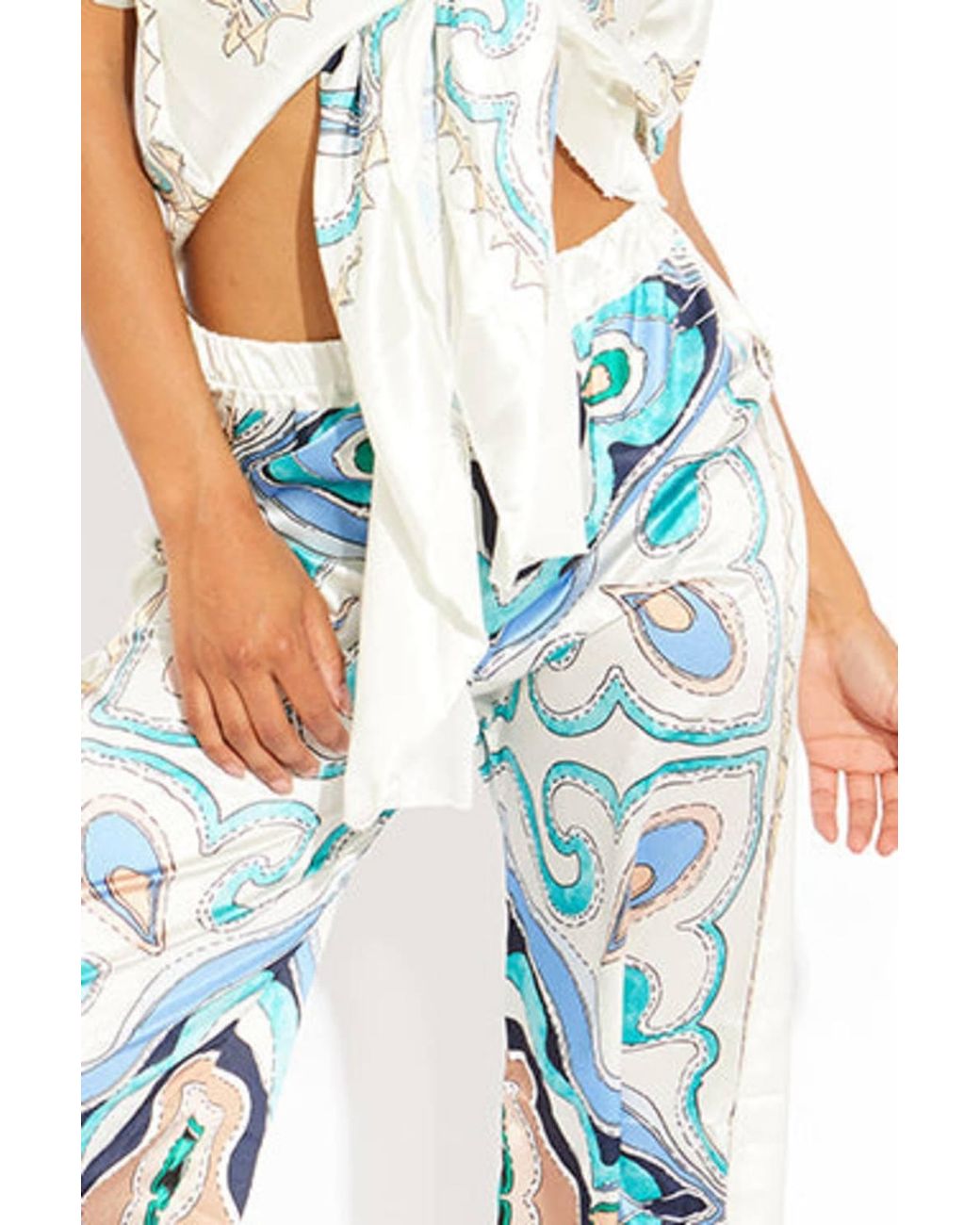 Stylewise Blue Printed Satin Oversized Blouse