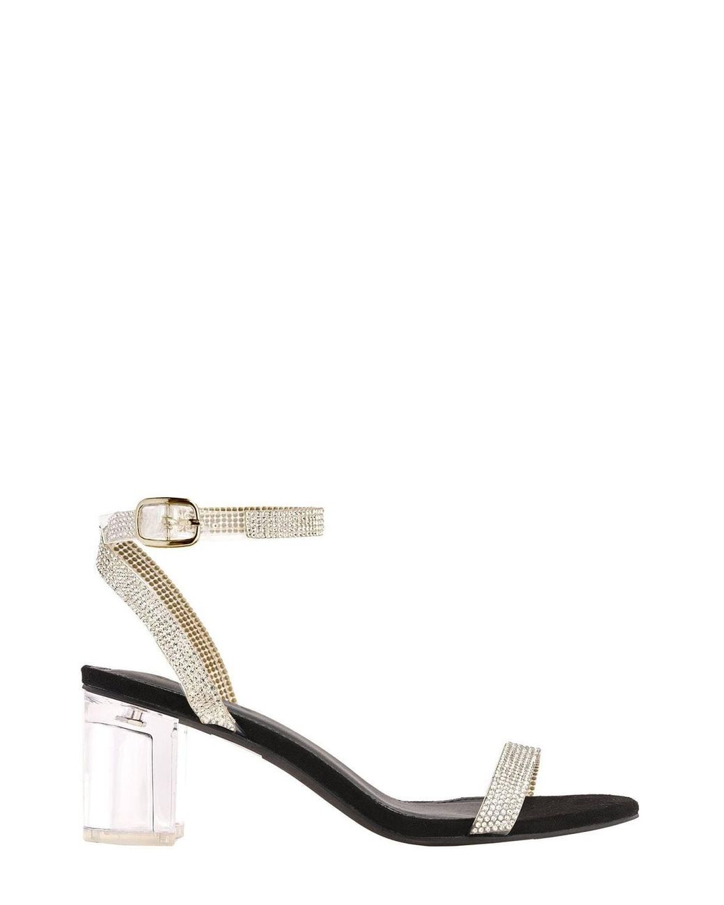 Miss Diva Natural Stella Perspex Diamante Strap Block Heel Faux Suede Sandals
