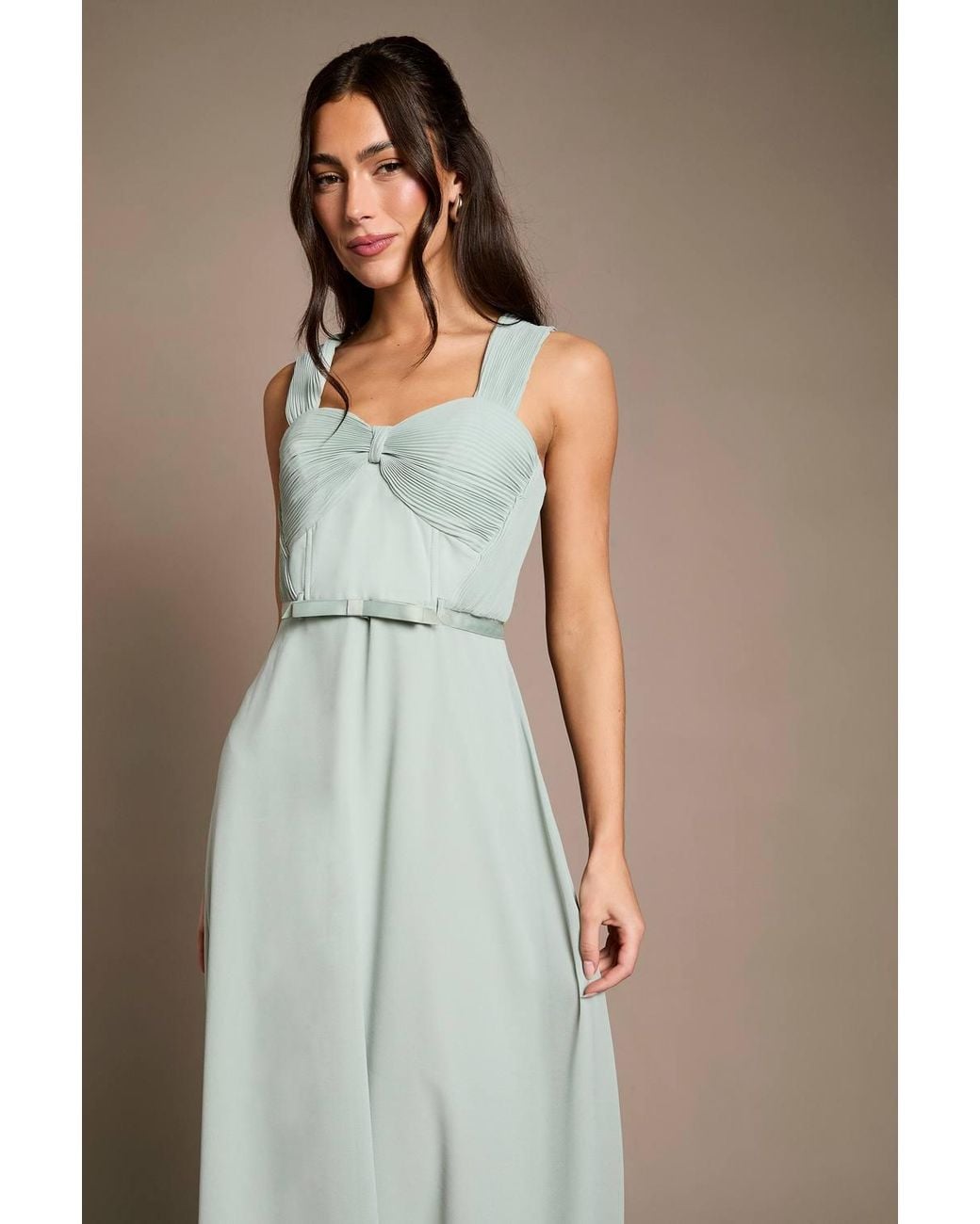 Coast Green Pleated Chiffon Tie Sleeve Bridesmaid Maxi Dress
