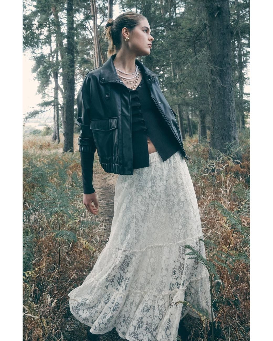 Apricot Brown Floral Lace Tiered Midi Skirt