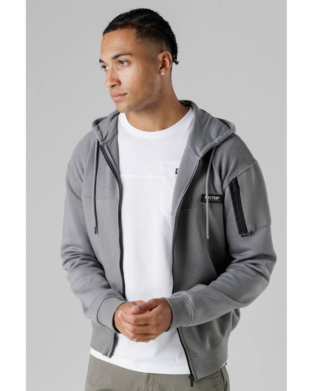 Firetrap Gray Regular Fit Cotton Rich Zip Through Hoody With Sleeve Pocket for men