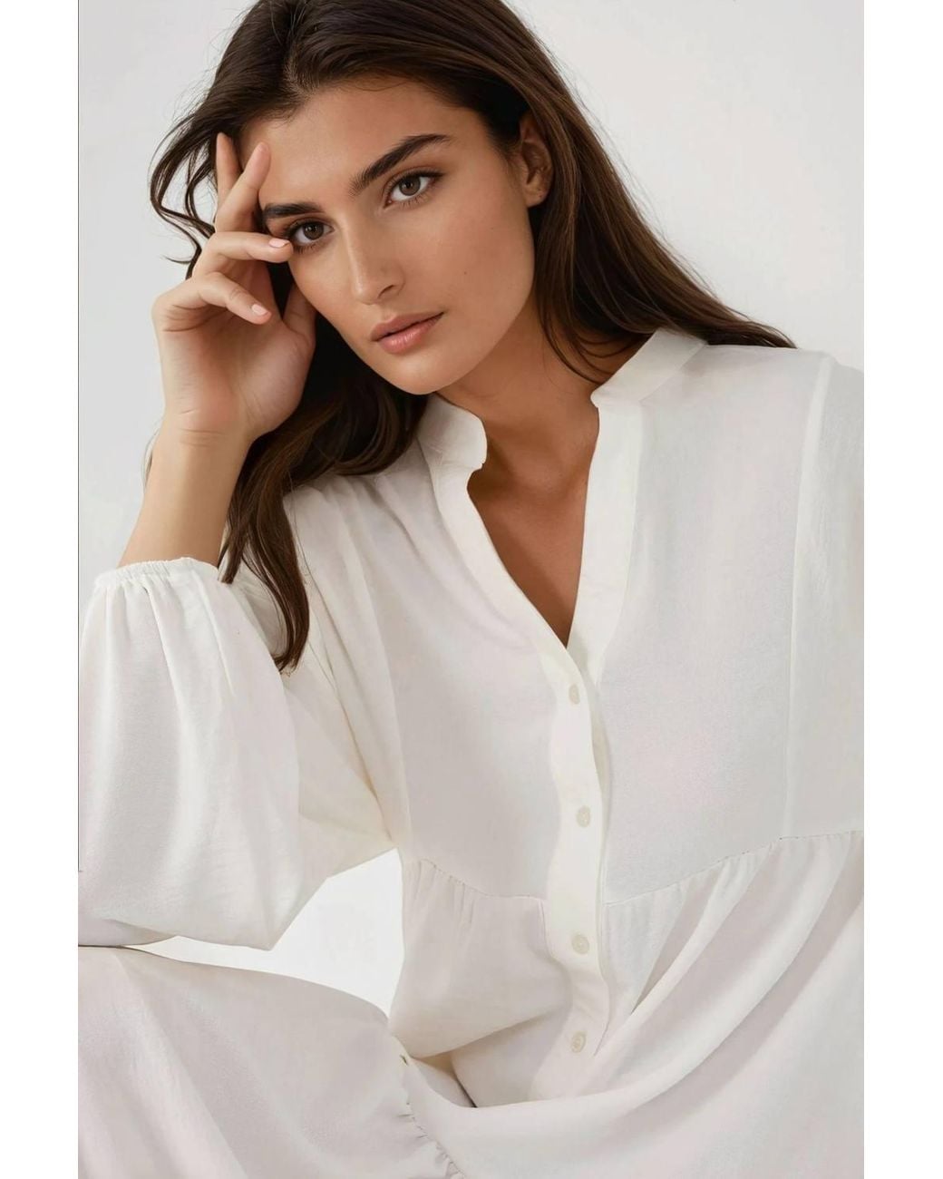Hiccup White Textured V-Neck Maxi Dress With Button Detail