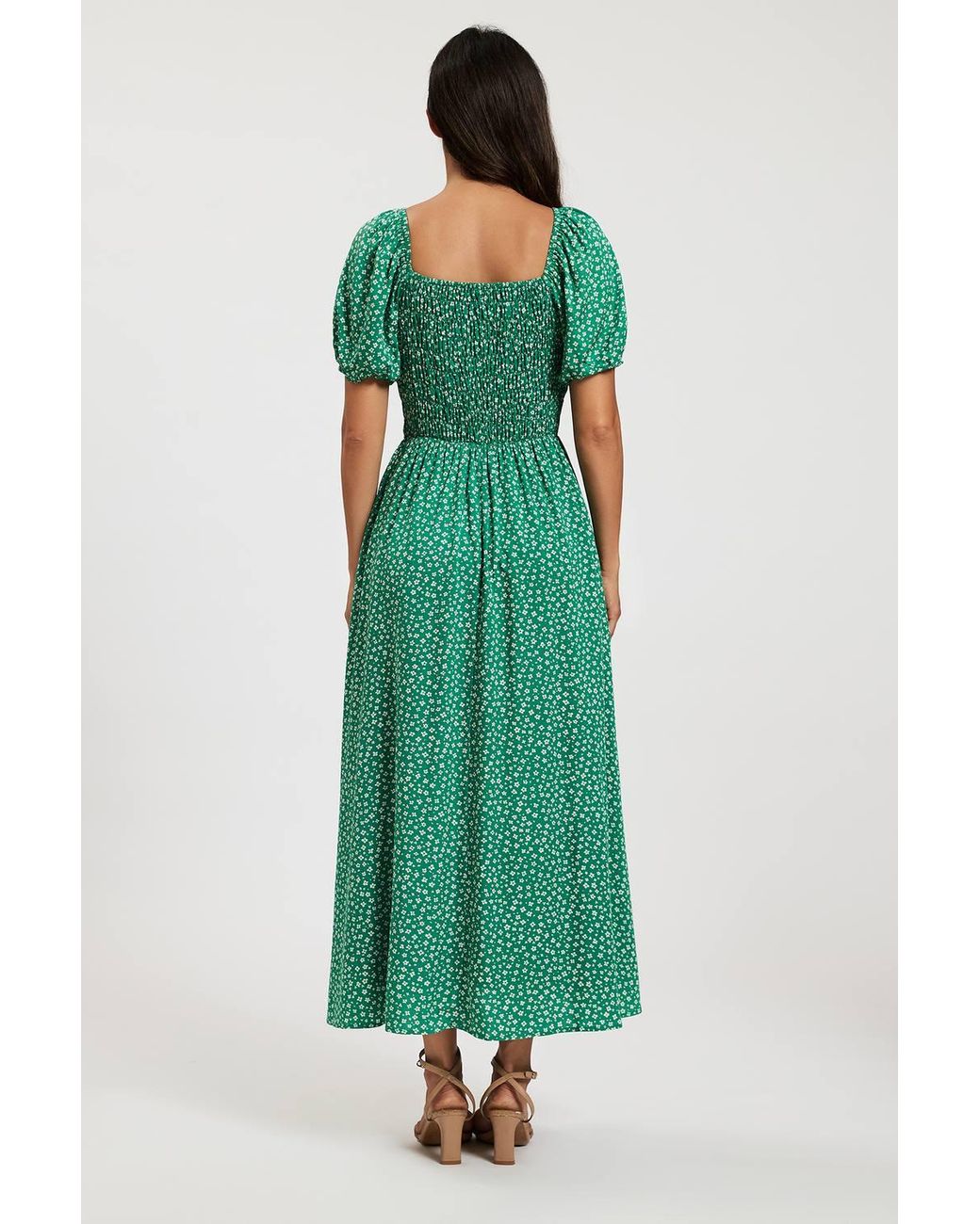 FS Collection Green Floral Shirred Square Neck Midi Dress With Puff Sleeves