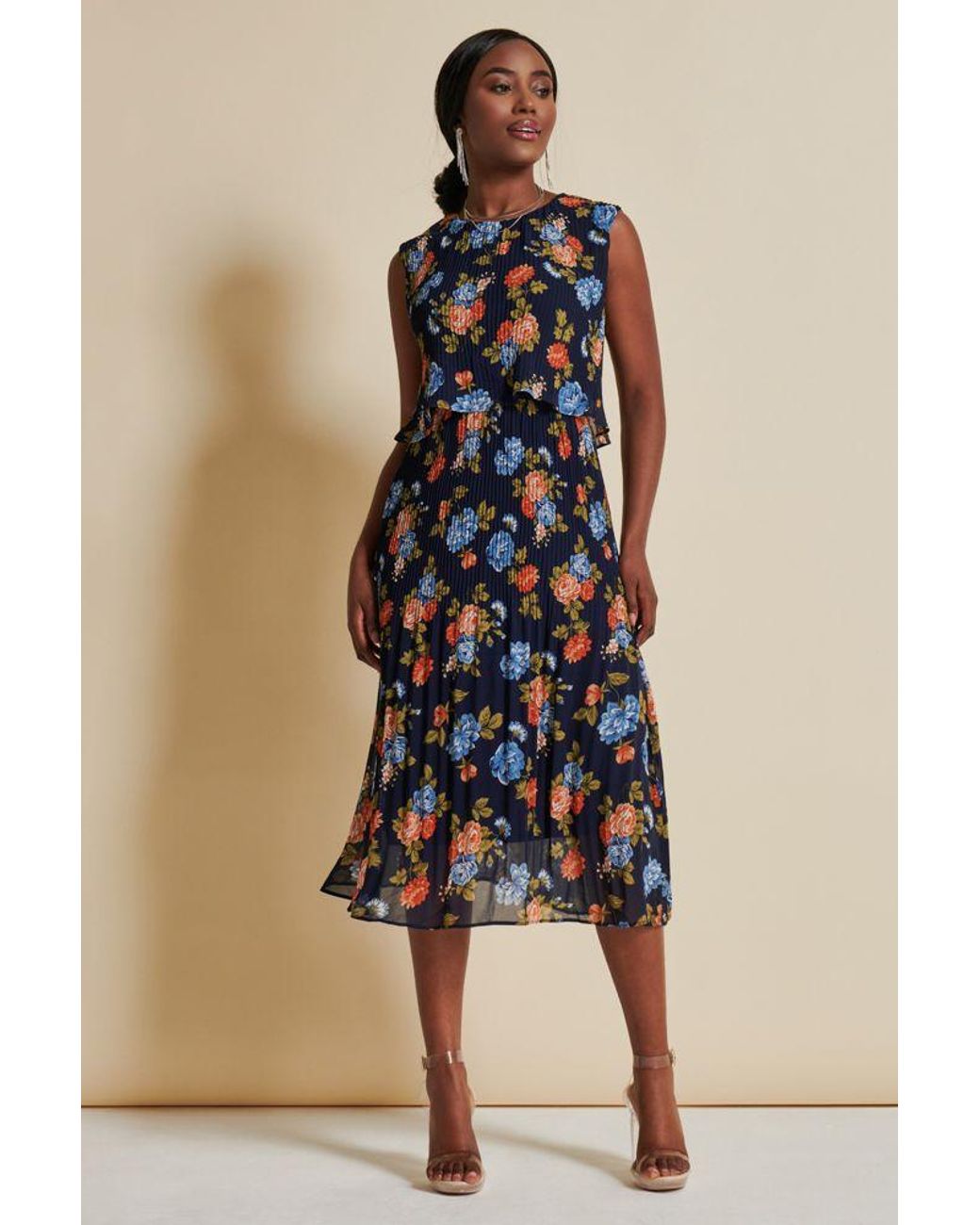 Jolie Moi Blue Chiffon Pleated Overlay Midi Dress