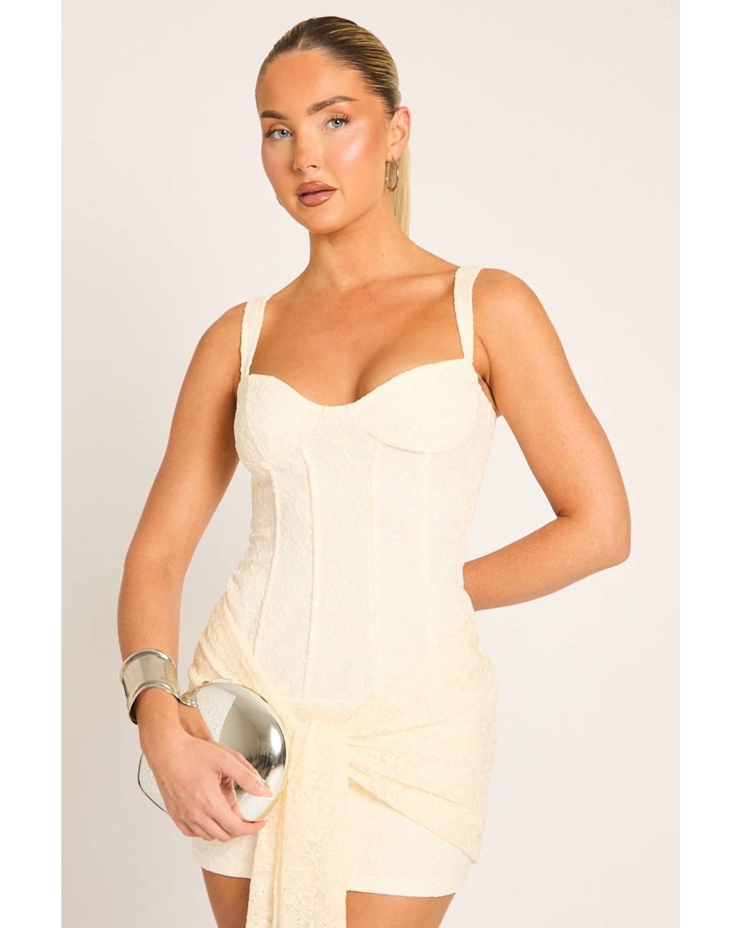 Rebellious Fashion Natural Lace Corset Detail Drape Mini Dress