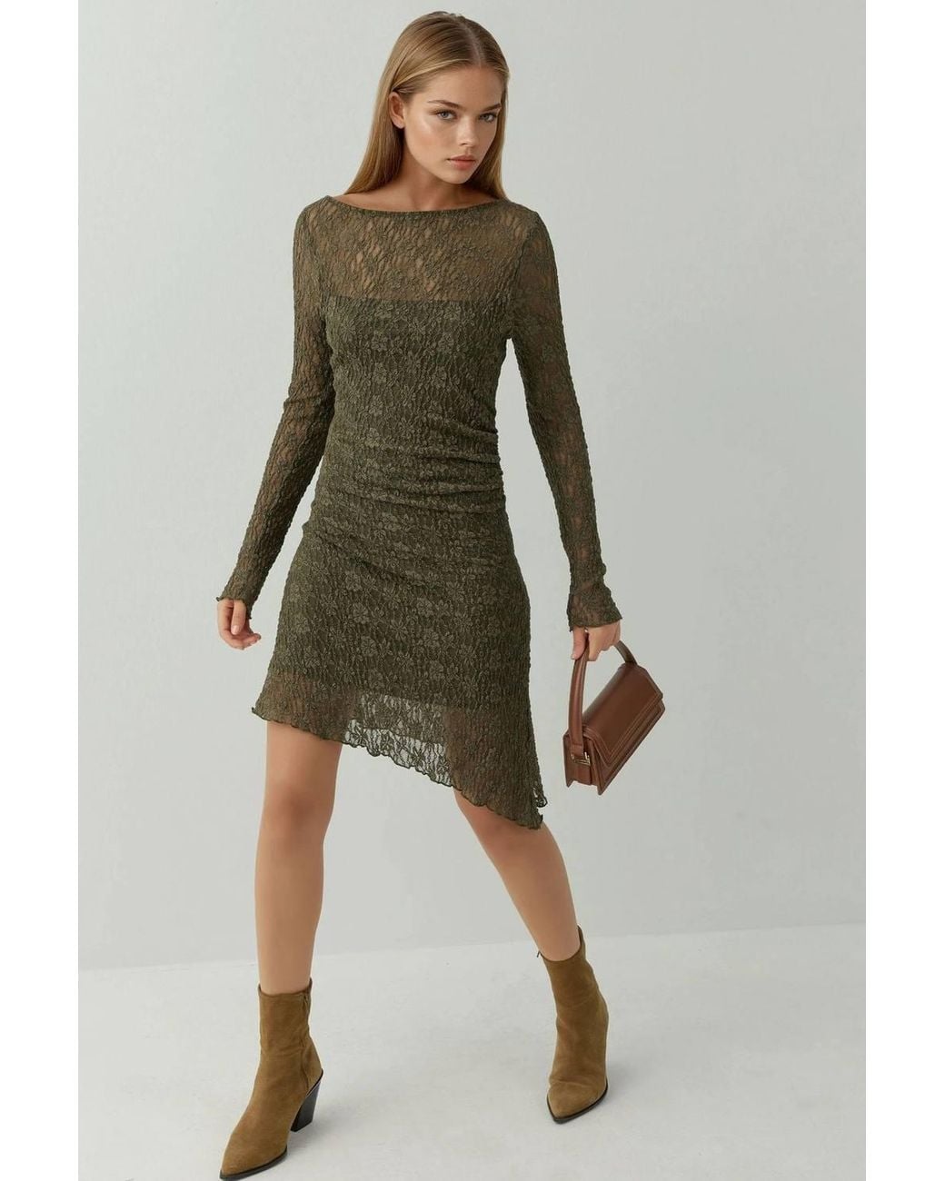 Hiccup Green Asymmetric Lace Mini Dress With Boat Neck