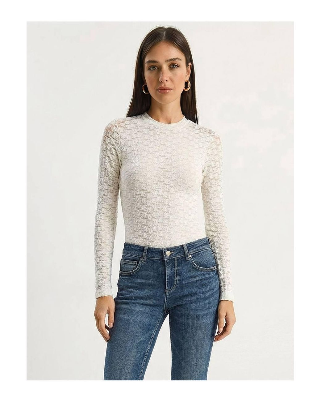 Bianco Lucci White Half Turtleneck Lace Blouse