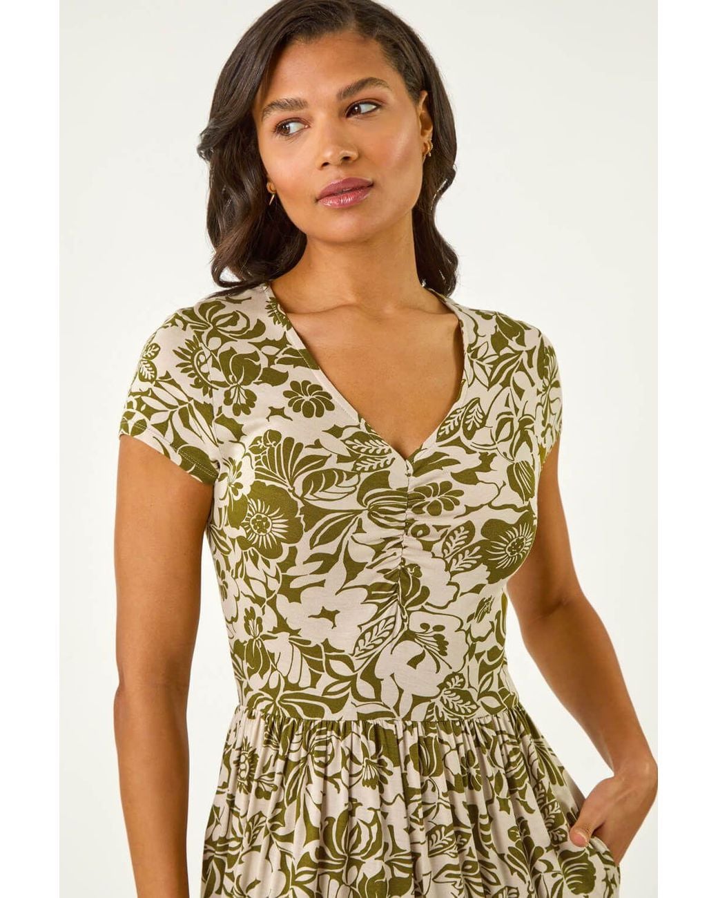 Roman Metallic Floral Print Ruched Stretch Midi Dress