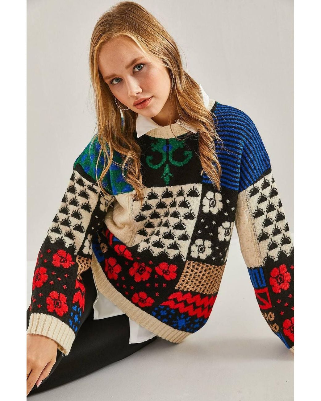 Bianco Lucci Red Thick Abstract Ribbed Knit Sweater With Crew Neck