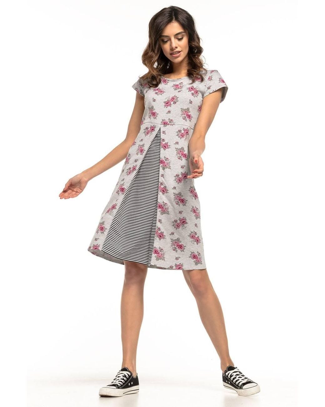 Love Lace Gray Cotton Knit Trapezoid Dress With Striped Fold