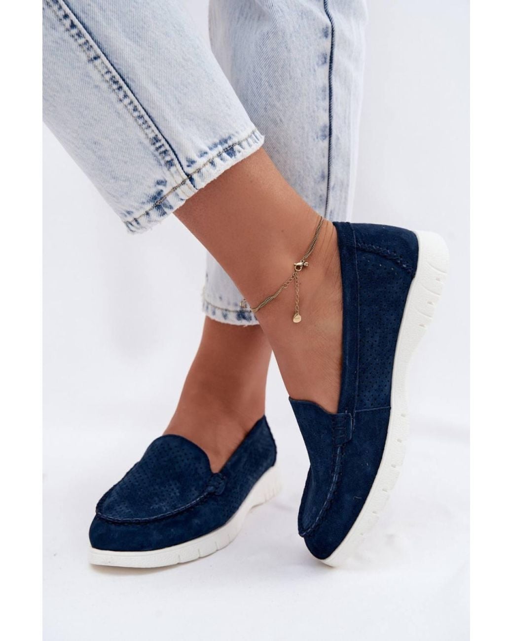 Love Lace Blue Vinceza Suede Perforated Moccasins With Cushioned Insole