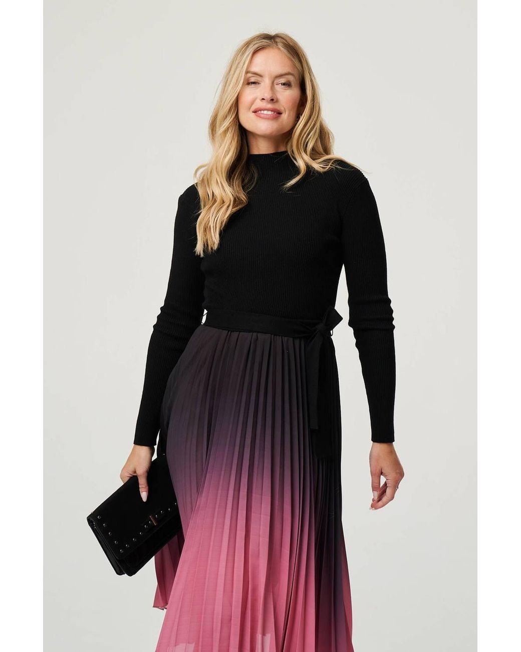 Izabel London Pink Ombre Tie Waist Pleated Knit Midi Dress