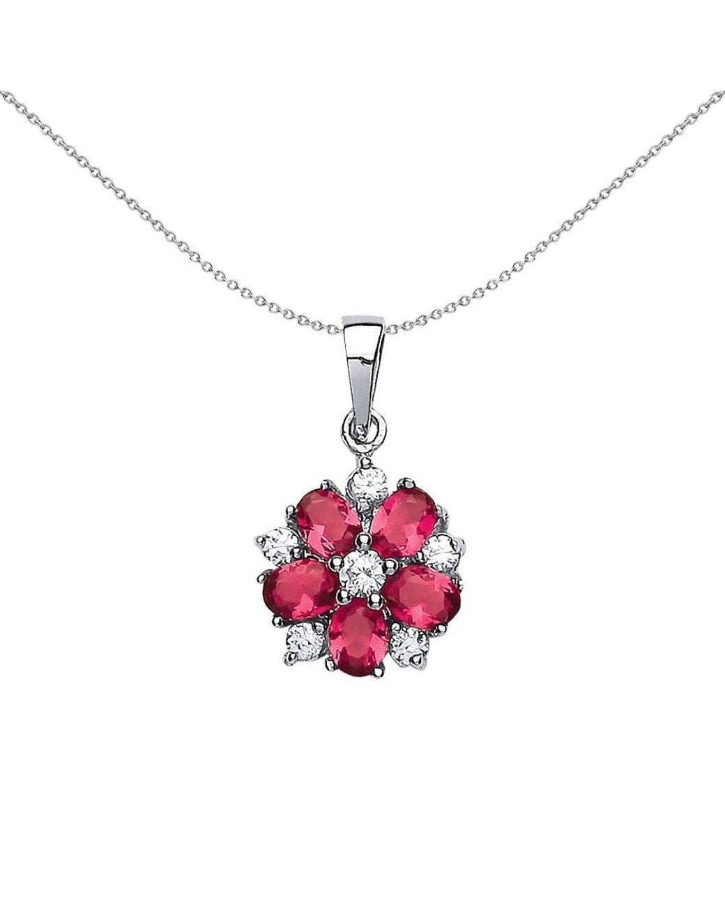 Jewelco London Red Ruby- Oval Cz Tudor Rose Flower Botanical Pendant