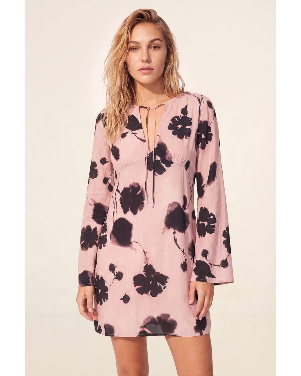 Nasty Gal Pink Painted Floral Tie Front High Neck Fluted Sleeve Mini Dress